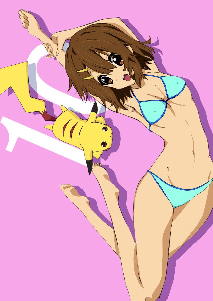 1girl, arms_up, bad_id, barefoot, bikini, borupikka, brown_eyes, brown_hair