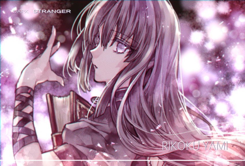 1girl, bangs, black_hair, book, character_name, commentary, commentary_request, cross-laced_clothes