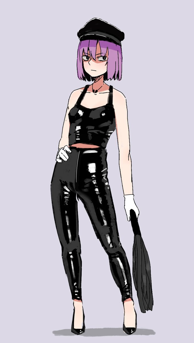 1girl, bad_id, bad_twitter_id, bangs, black_eyes, black_footwear, black_headwear, black_pants