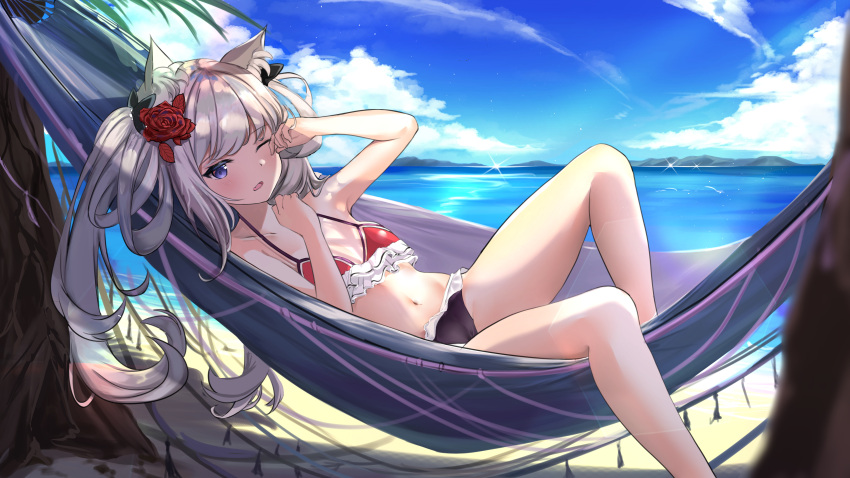 1girl, absurdres, animal_ears, azur_lane, bare_arms, bare_legs, bare_shoulders, beach, bikini, black_bow, blue_eyes, bow, breasts, cat_ears, clouds, collarbone, commission, day, english_commentary, flower, frilled_bikini, frills, hair_bow, hair_flower, hair_ornament, hammann_(azur_lane), hammann_(rebellious_summer)_(azur_lane), hammock, highres, lemontea_(ekvr5838), looking_at_viewer, lying, medium_hair, navel, ocean, on_back, one_eye_closed, open_mouth, outdoors, rose, rubbing_eyes, sand, shadow, silver_hair, small_breasts, solo, stomach, sunlight, swimsuit, tree, twintails, waking_up, water