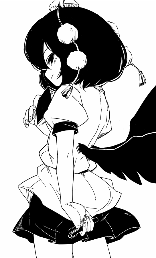 1girl, black_eyes, black_hair, black_skirt, black_wings, book, cowboy_shot, greyscale