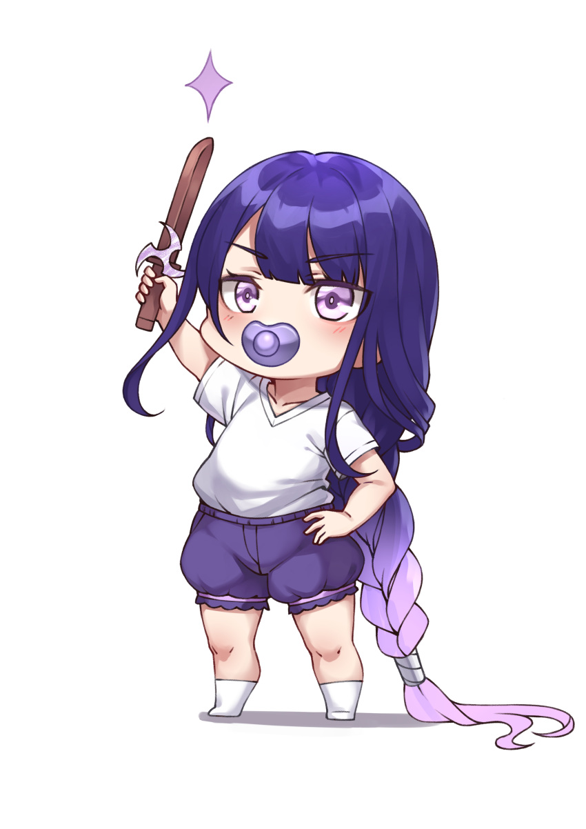 1girl, absurdres, alternate_costume, arm_up, bangs, blunt_bangs, casual, collarbone, commentary_request, contemporary, elomil, eyebrows_visible_through_hair, full_body, genshin_impact, gradient_hair, hair_ornament, hand_on_hip, highres, holding, holding_sword, holding_weapon, long_hair, looking_up, mole, mole_under_eye, multicolored_hair, pacifier, puffy_shorts, purple_hair, purple_shorts, raiden_shogun, shirt, short_sleeves, shorts, sidelocks, simple_background, solo, sparkle, standing, sword, toddler, v-shaped_eyebrows, violet_eyes, weapon, white_background, white_legwear, white_shirt, wooden_sword, younger