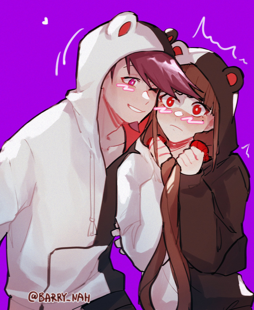 1boy, 1girl, absurdres, bangs, barry_nah, black_hoodie, blush, brown_hair
