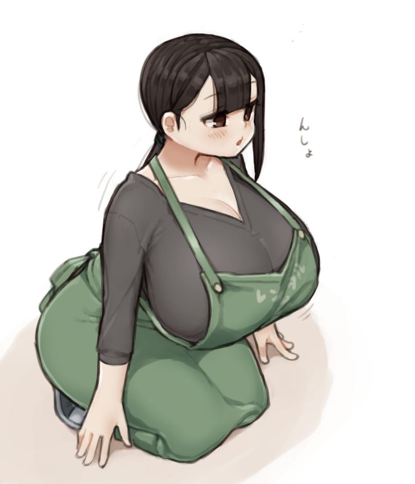 1girl, apron, asymmetrical_hair, bangs, black_hair, black_shirt, blush, breasts, commentary_request, curvy, hands_on_ground, huge_breasts, ichika_(ichika_manga), long_hair, original, petite, shirt, squatting, tied_hair, translation_request
