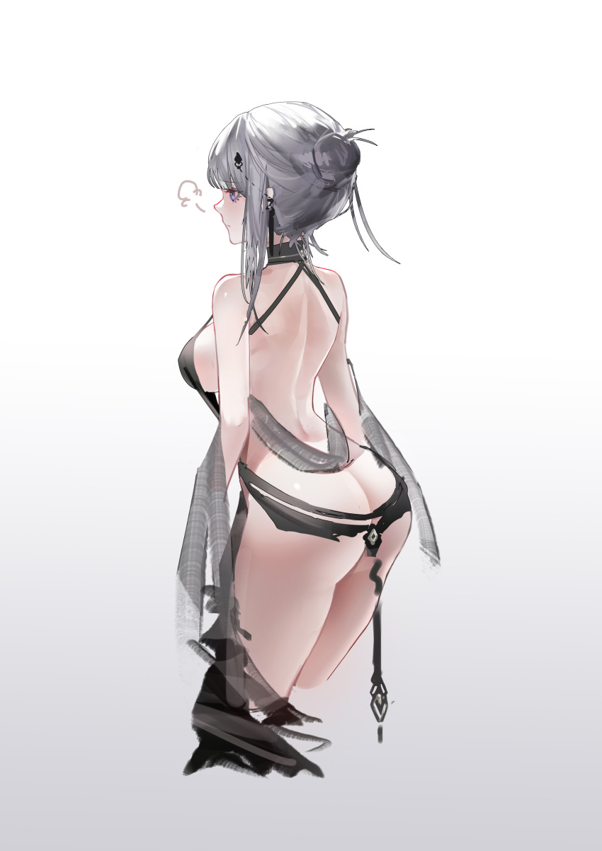 1girl, absurdres, ass, back, bare_shoulders, black_dress, breasts, dress