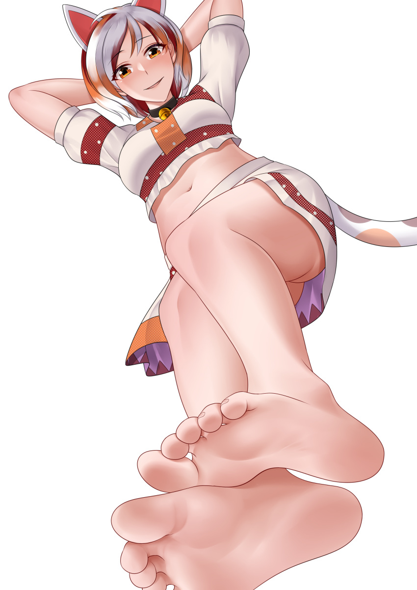 1girl, absurdres, animal_ears, arms_up, bangs, barefoot, bell, calico