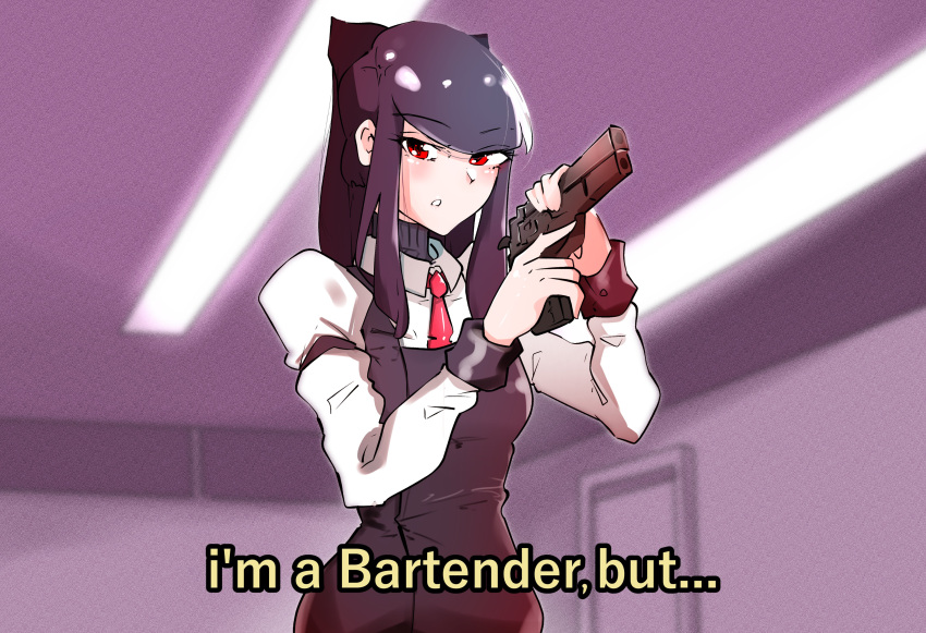 1girl, absurdres, amano_shizuku, bartender, english_text, gun, handgun, highres, holding, holding_gun, holding_weapon, jill_stingray, long_hair, looking_at_viewer, necktie, purple_hair, red_eyes, solo, subtitled, va-11_hall-a, weapon