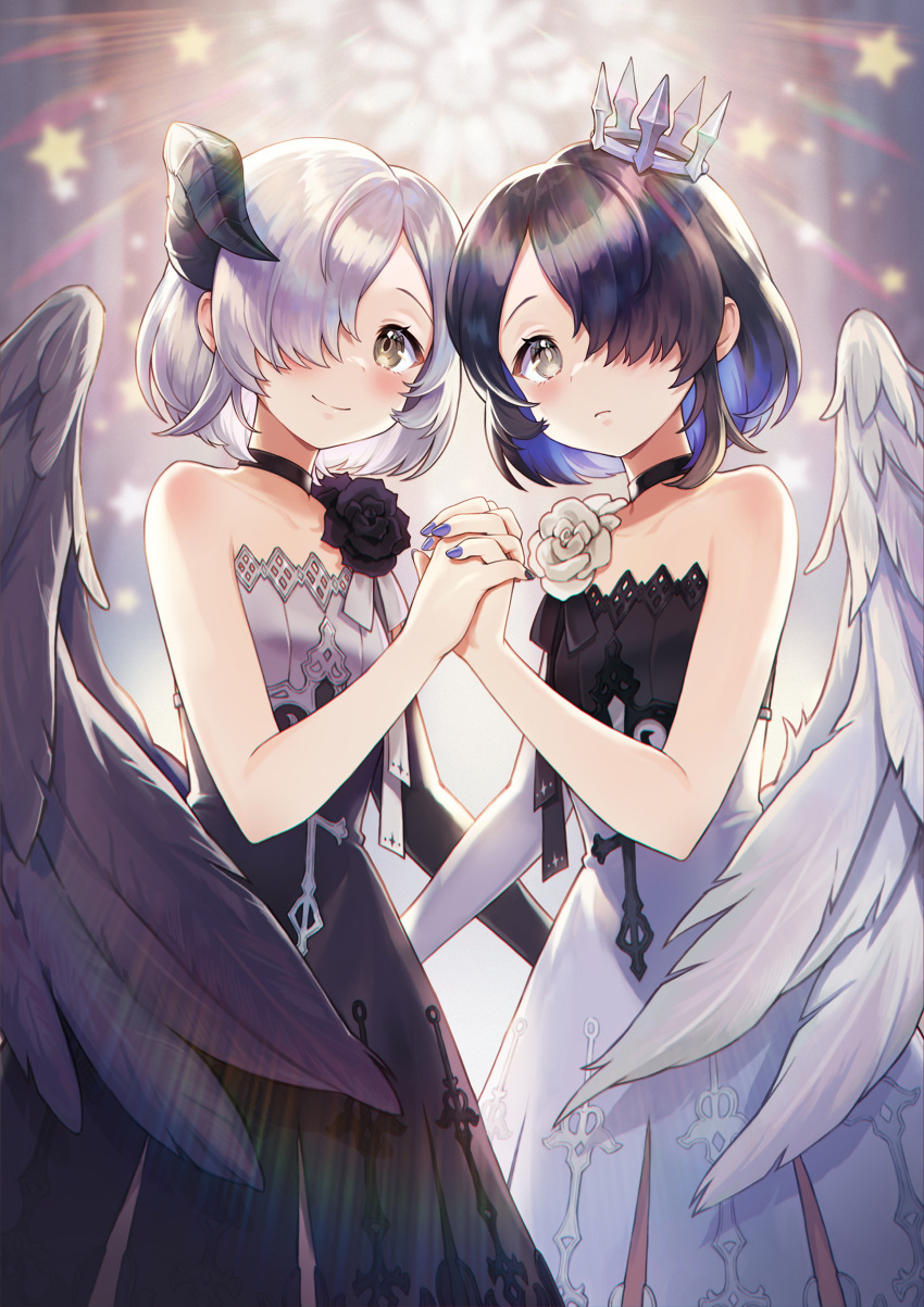 2girls, absurdres, bare_shoulders, beatrice_(masterwork_apocalypse), black_dress, black_flower, black_hair, black_horns