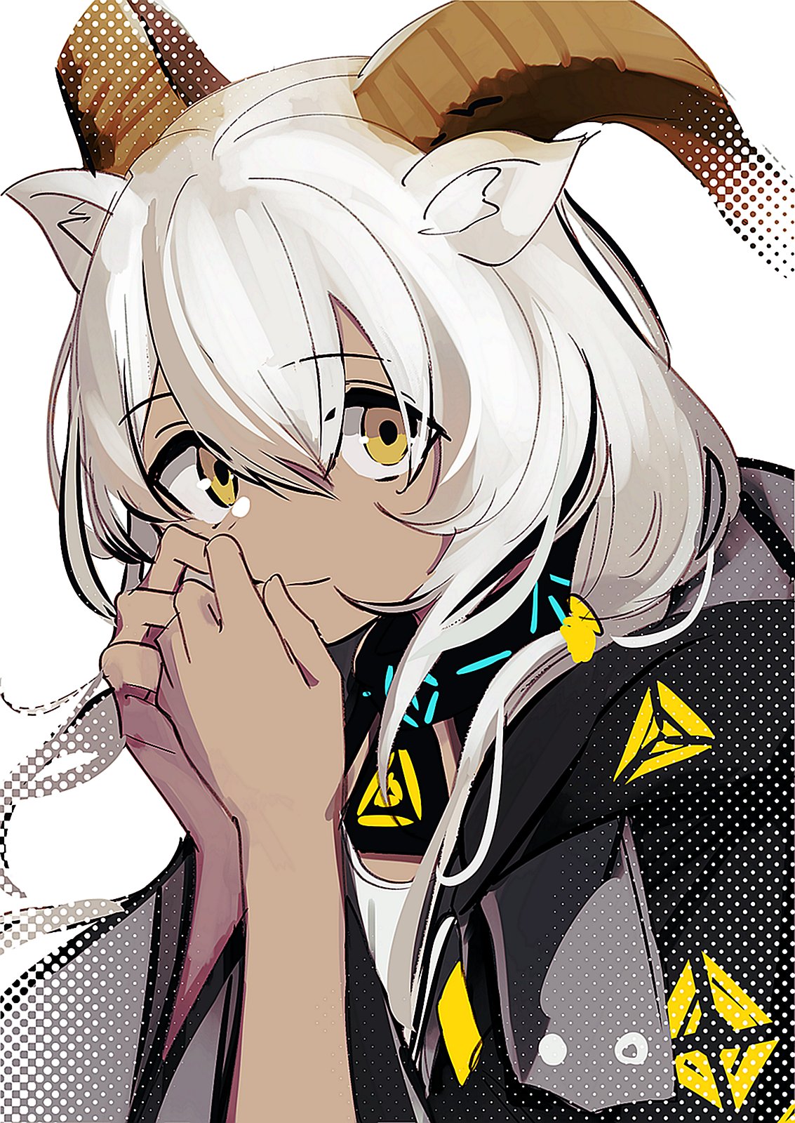 1girl, animal_ears, arknights, beeswax_(arknights), black_collar, black_jacket, collar, dark-skinned_female