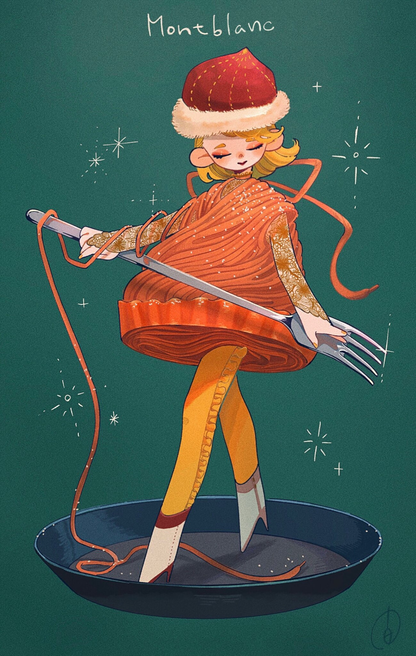 1girl, aida_mogmog513, aqua_background, bangs, blonde_hair, blush, boots, closed_eyes