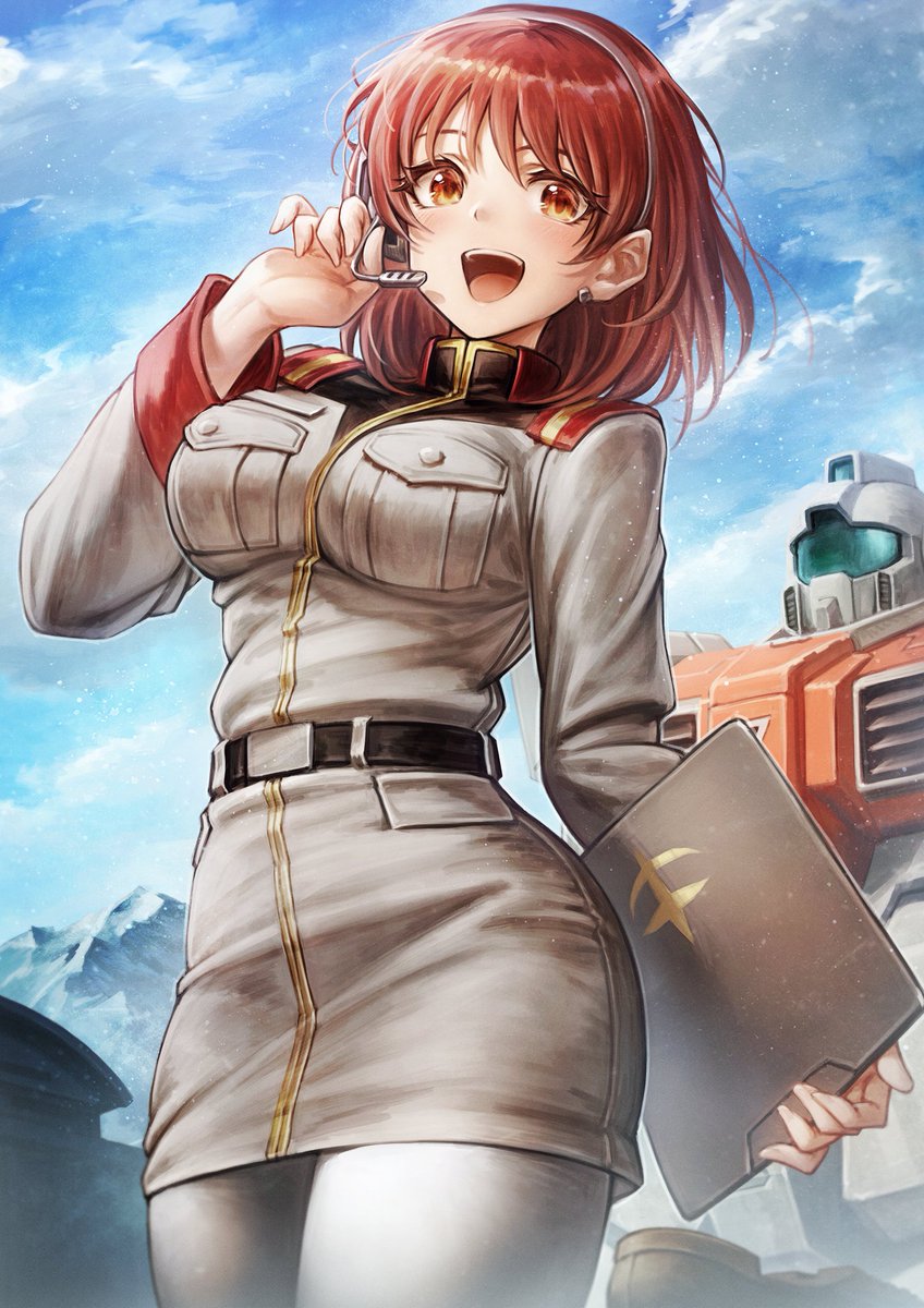 1girl, brown_eyes, brown_hair, building, clipboard, earpiece, earrings, earth_federation