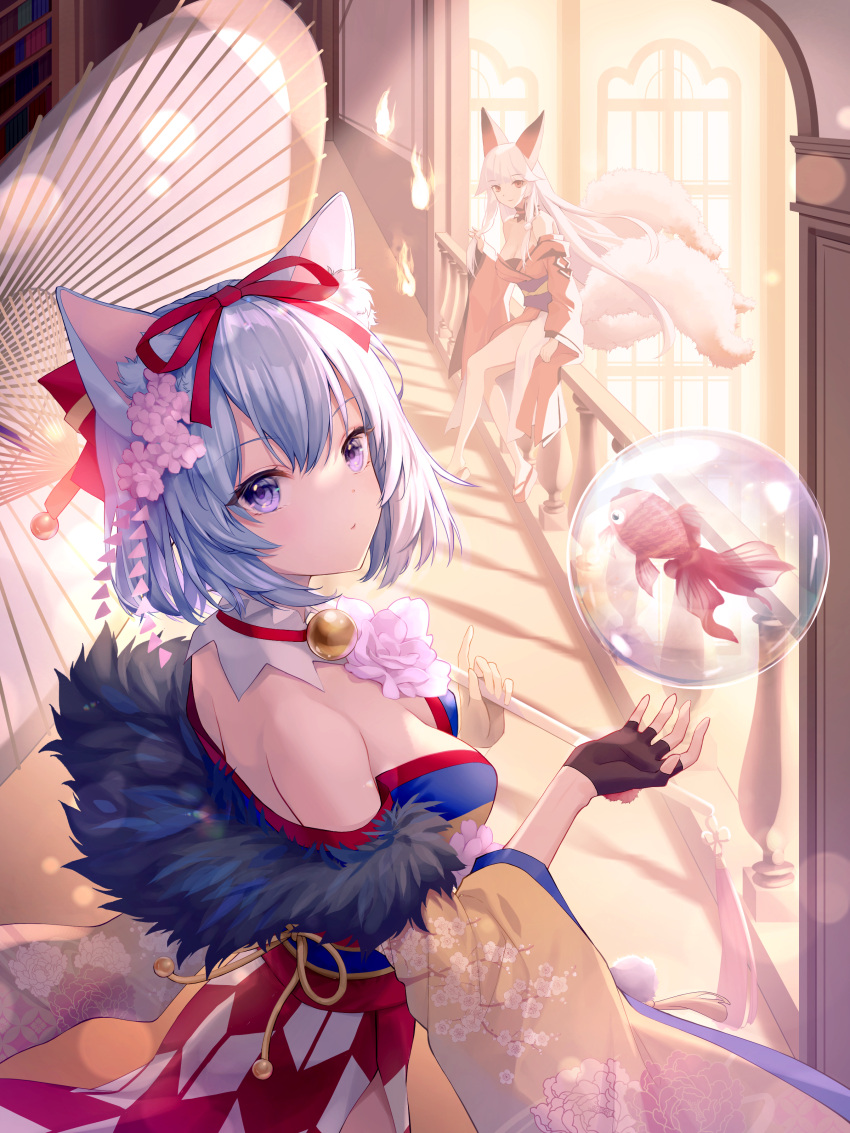 2girls, absurdres, animal_ears, bangs, bare_shoulders, bell, black_gloves, breasts