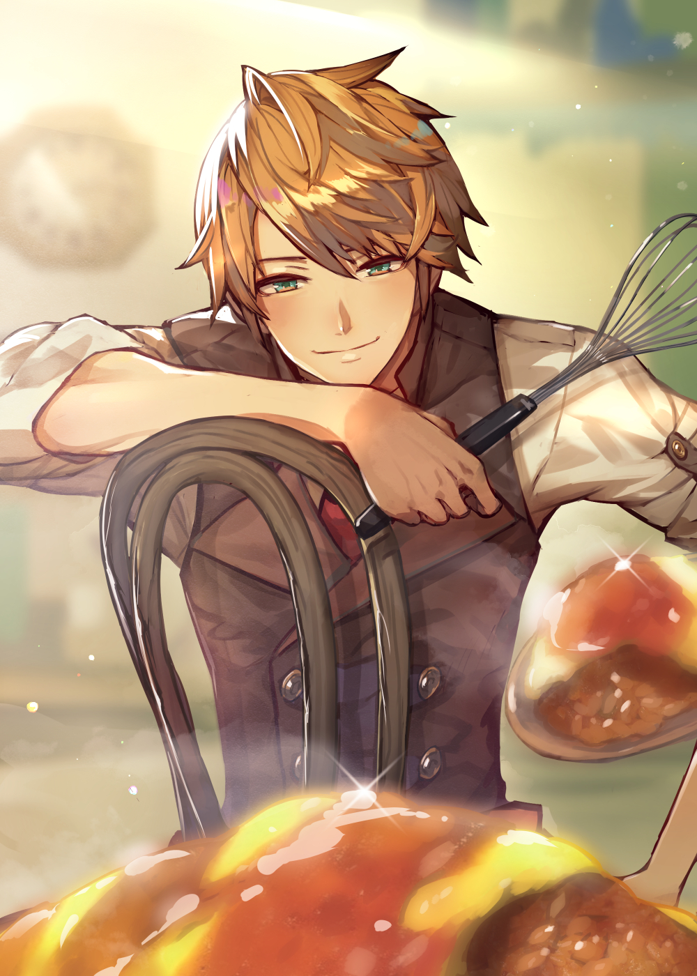 1boy, blurry, blurry_background, bokujou_monogatari, bokujou_monogatari:_tsunagaru_shin_tenchi, brown_vest, buttons, closed_mouth, commentary_request, commission, food, green_eyes, hide_(hideout), highres, holding, holding_whisk, indoors, light_particles, looking_at_viewer, male_focus, omurice, on_chair, orange_hair, raeger_(bokujou_monogatari), shirt, short_hair, sitting, sitting_backwards, skeb_commission, sleeves_rolled_up, smile, solo, sparkle, upper_body, vest, whisk, white_shirt