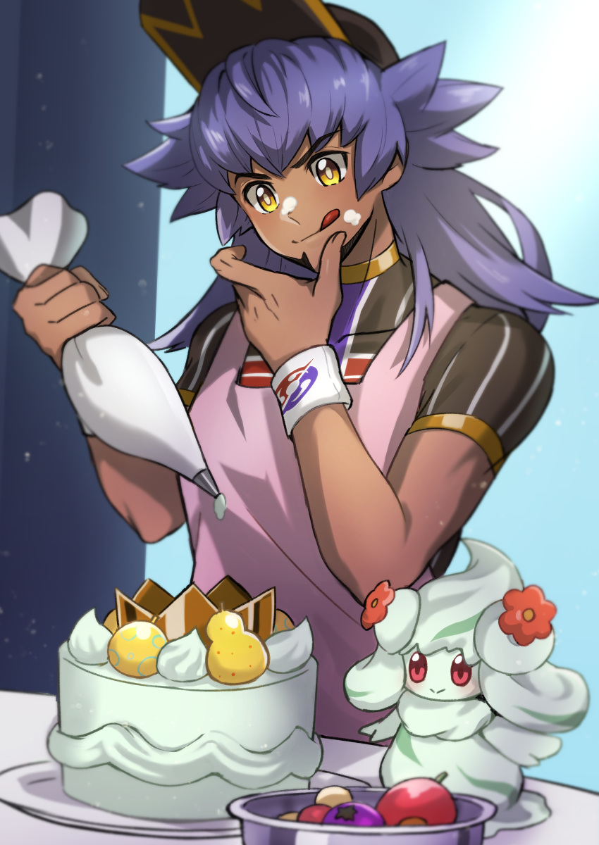 1boy, :q, absurdres, alcremie, alcremie_(flower_sweet), bangs, baseball_cap, berry_(pokemon)
