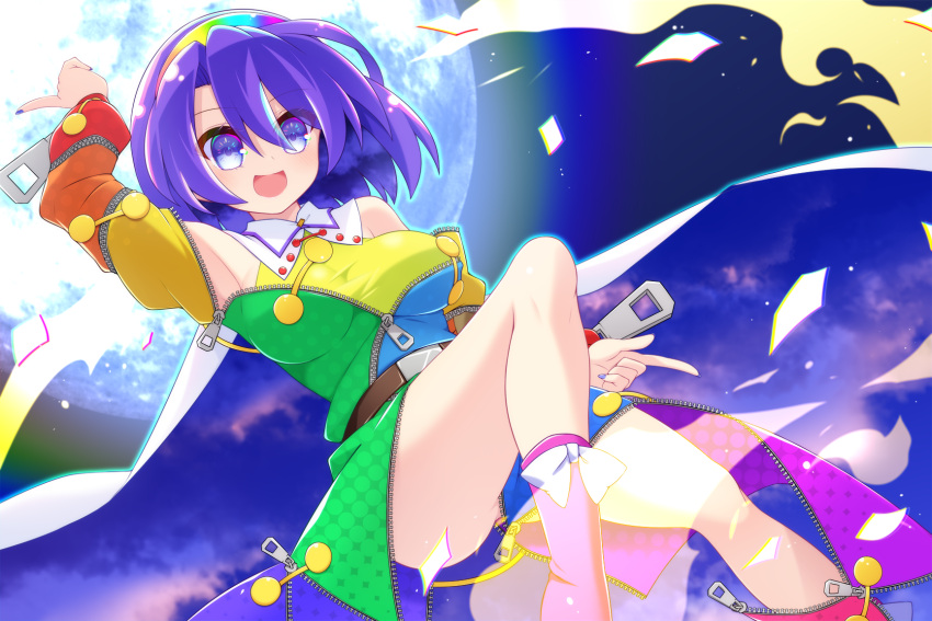 1girl, belt, breasts, cape, dress, highres, medium_breasts, medium_hair, moon, muchin_jousha, multicolored_clothes, multicolored_dress, multicolored_hairband, pointing, pointing_down, pointing_up, purple_hair, rainbow_gradient, rainbow_hair_ornament, sky_print, solo, tenkyuu_chimata, touhou, two-sided_cape, two-sided_fabric, violet_eyes, white_cape, zipper, zipper_pull_tab