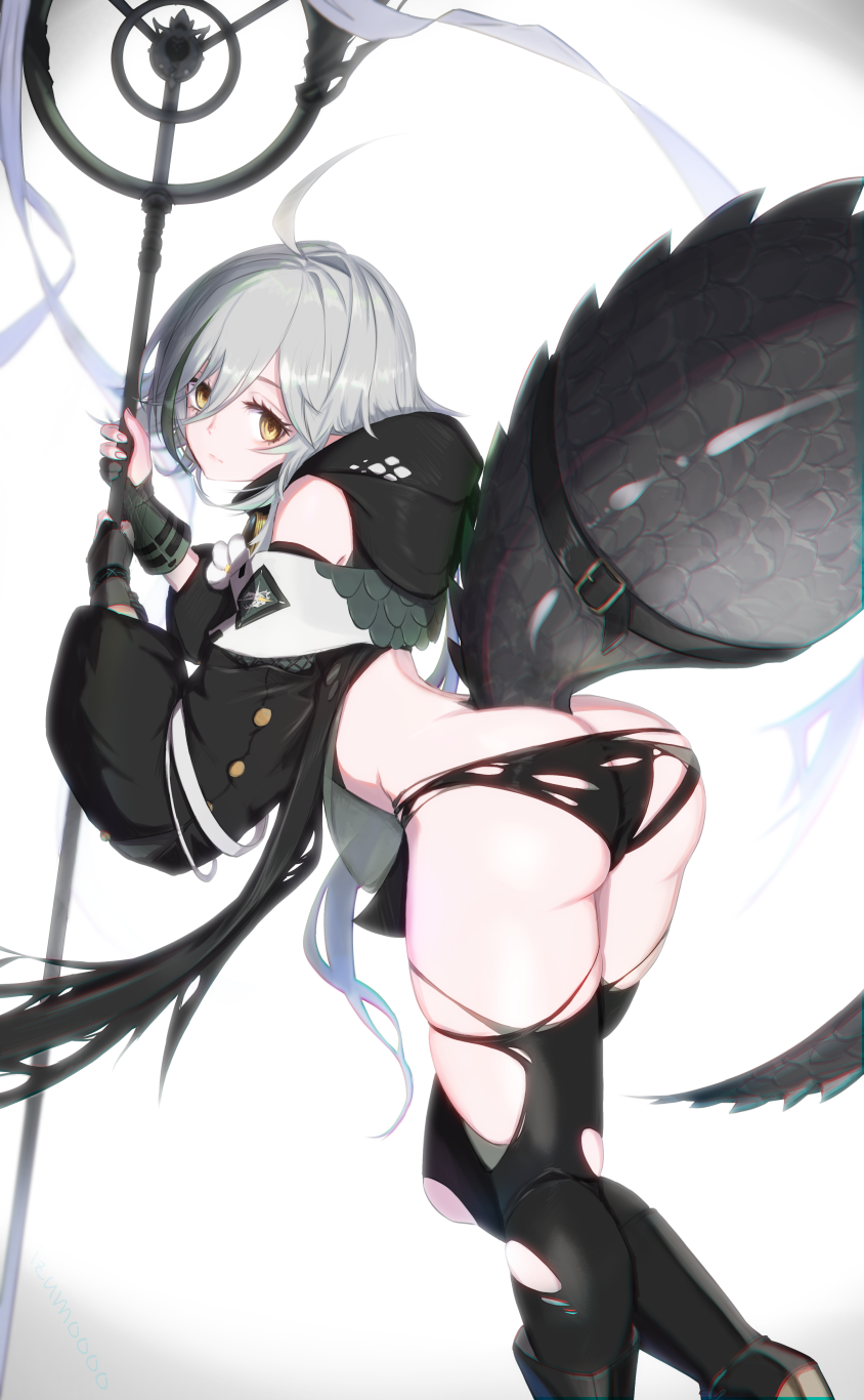 1girl, ahoge, arknights, ass, black_jacket, black_legwear, black_panties, crocodilian_tail