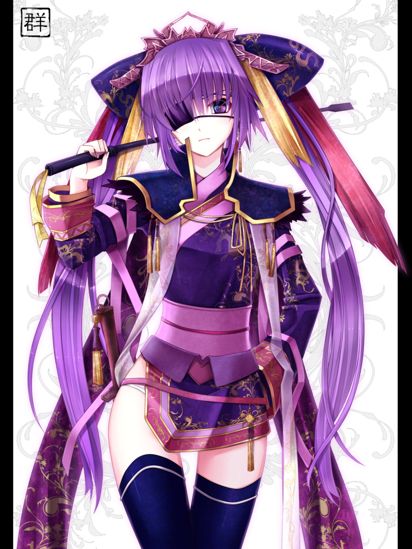 highres, long_hair, purple_eyes, purple_hair, riding_crop, sangokushi_taisen, solo, thigh-highs, thighhighs, touhaku, very_long_hair, violet_eyes, yuuki_kira