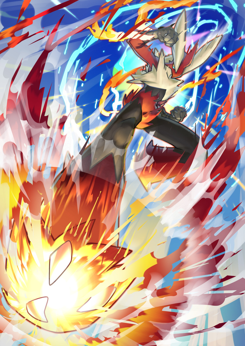 absurdres, blaziken, blue_eyes, claws, clenched_hands, commentary_request, fire, from_below