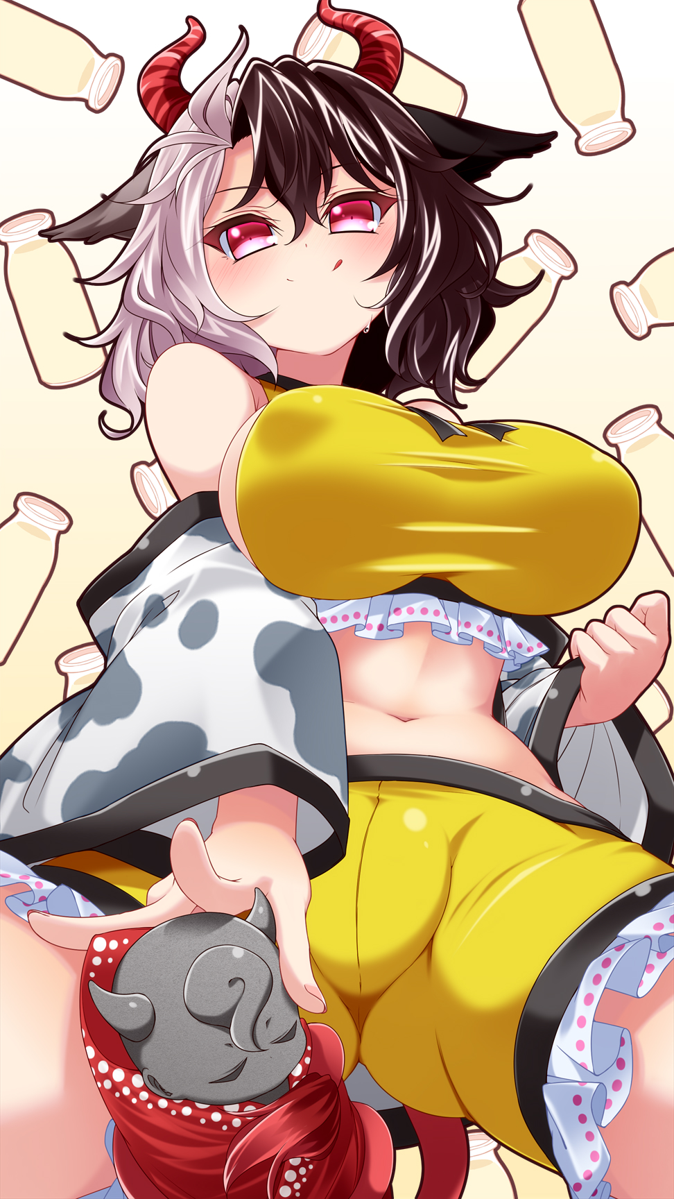 1girl, :p, animal_ears, animal_print, black_hair, bottle, breasts, commentary_request