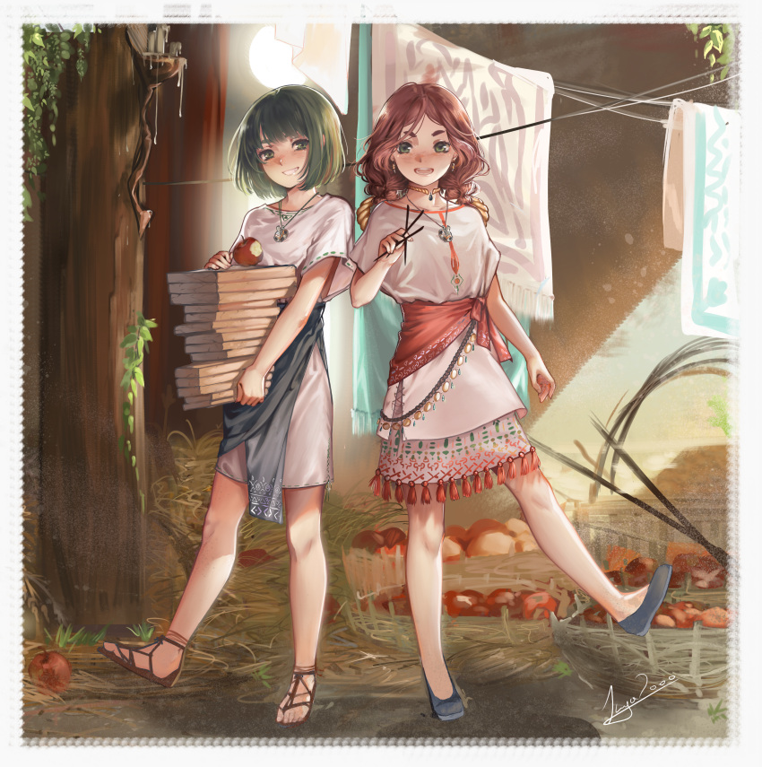 1boy, 1girl, absurdres, apple, blush, child, enkidu_(fate), fate/extra