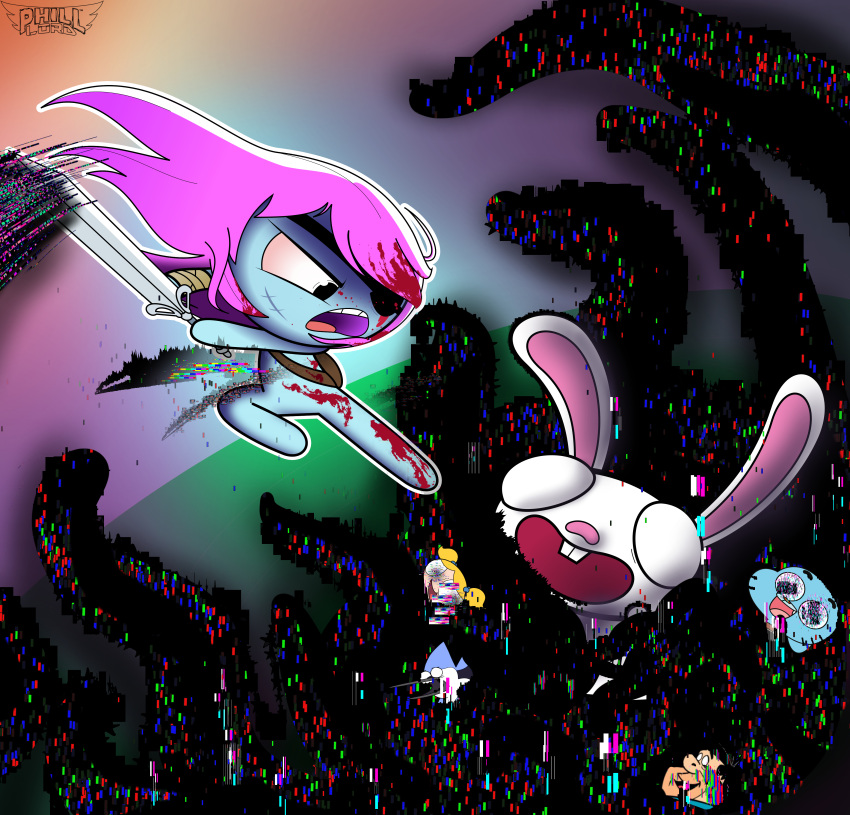 3boys, 3girls, absurdres, adult_swim, artist_logo, blank_eyes, blonde_hair, bubbles_(ppg)