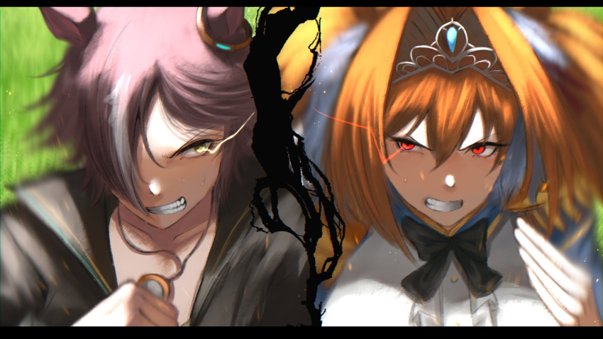 2girls, animal_ears, bangs, black_bow, black_bowtie, black_jacket, blurry, bow