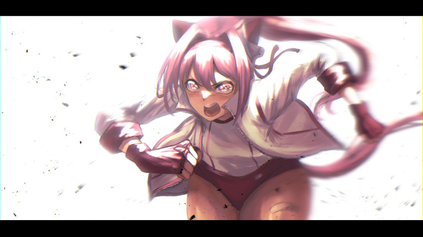 1girl, animal_ears, bandaid, bandaid_on_leg, blurry, bow, buruma, commentary