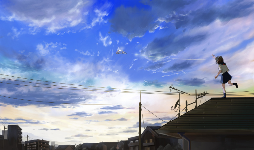 1girl, absurdres, antennae, black_legwear, blue_sailor_collar, blue_skirt, cable, cityscape, clouds, commentary_request, evening, highres, house, neckerchief, original, paper_airplane, pleated_skirt, red_neckerchief, sailor_collar, santo_moco, satellite_dish, scenery, school_uniform, serafuku, shirt, shoes, short_hair, skirt, sky, socks, solo, town, uniform, utility_pole, white_shirt