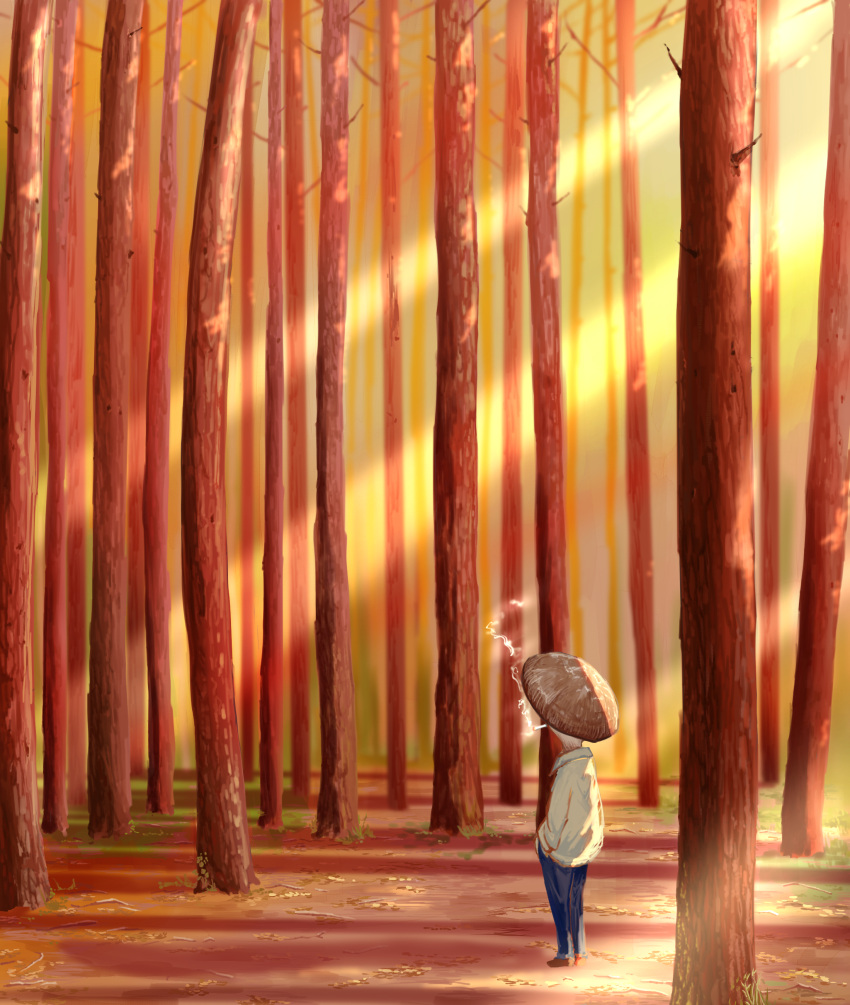 1other, absurdres, autumn, blue_pants, cigarette, commentary_request, evening, fantasy