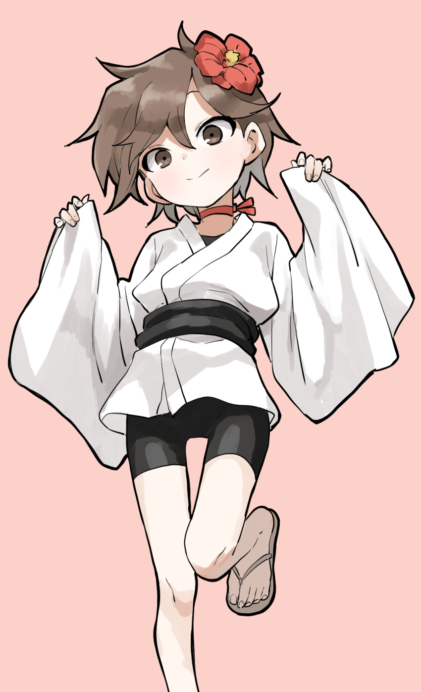 1girl, bangs, bike_shorts, black_shorts, brown_background, brown_eyes, brown_footwear, brown_hair