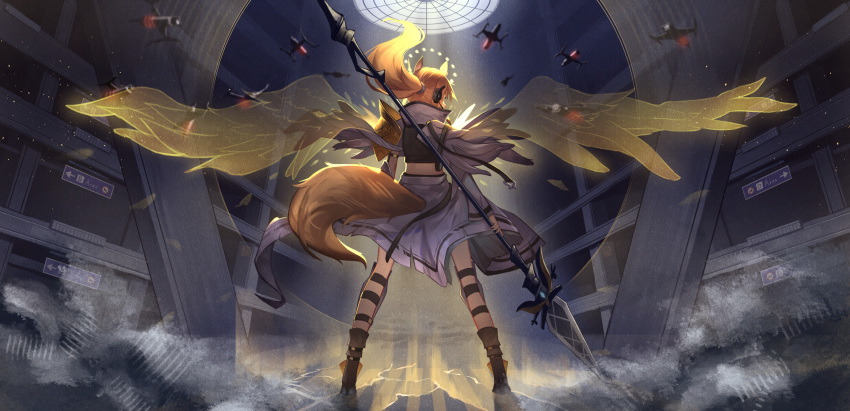 1girl, animal_ears, arknights, armor, black_footwear, black_shirt, blonde_hair, boots