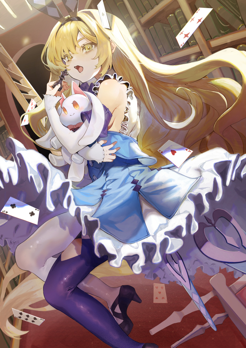 1girl, absurdly_long_hair, absurdres, alice_(masterwork_apocalypse), alice_in_wonderland, animal_ears, asymmetrical_legwear, bangs