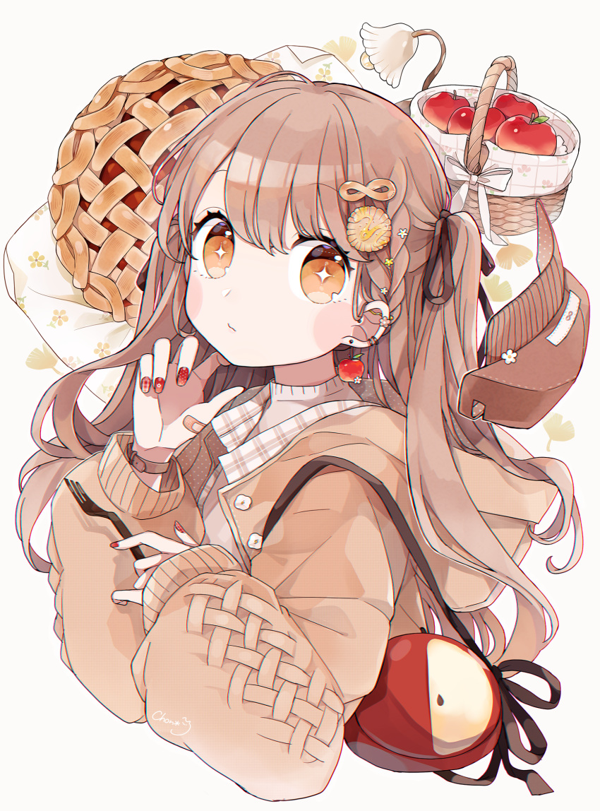 +_+, 1girl, apple, apple_earrings, apple_pie, bag, basket, black_ribbon