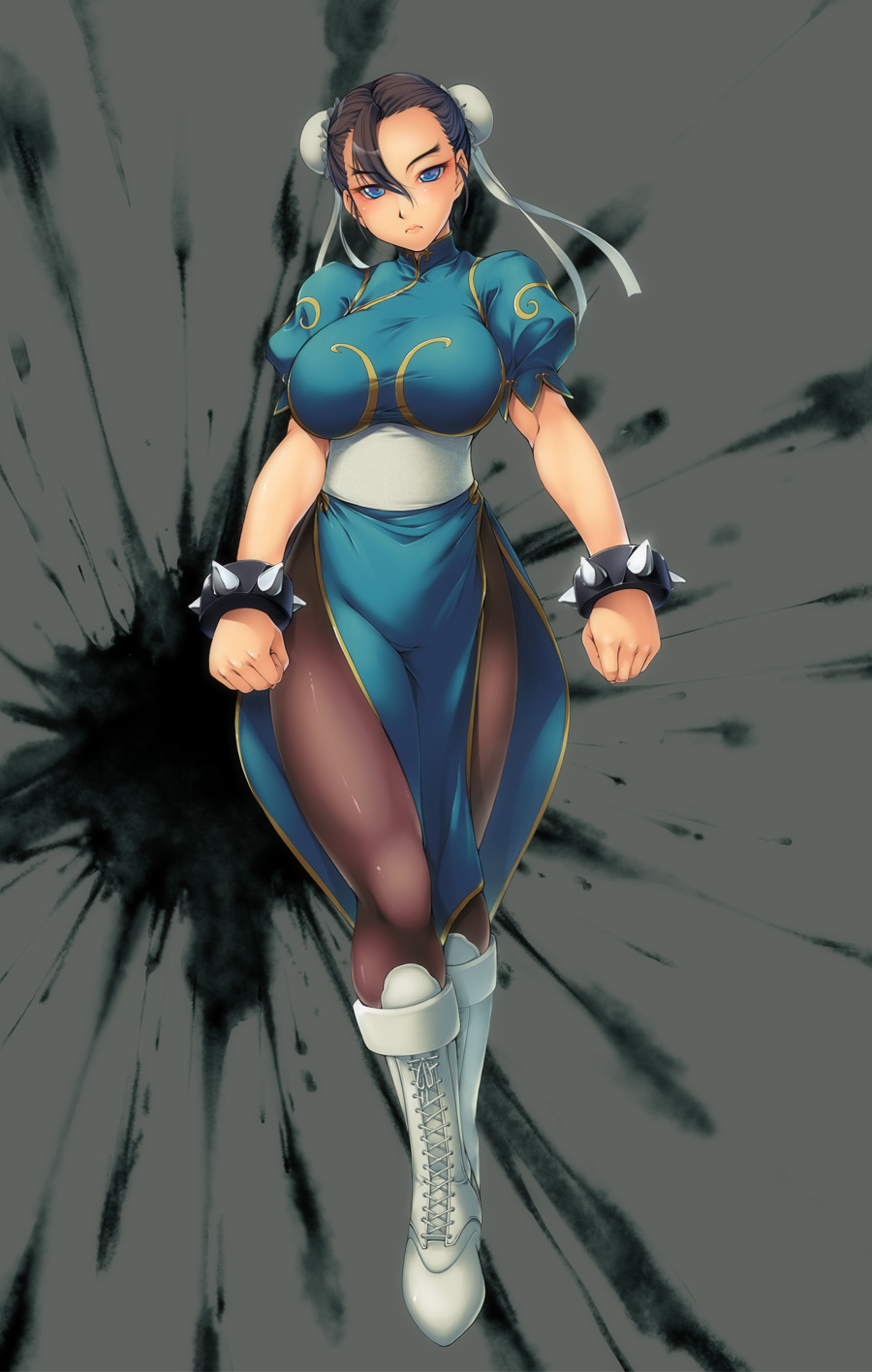 blue_eyes, boots, bracelet, breasts, bun_cover, capcom, china_dress, chinese_clothes