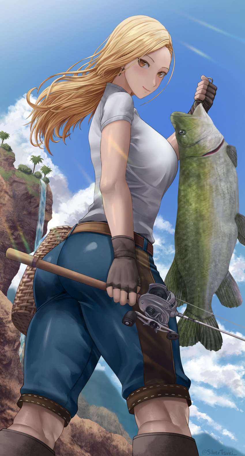 1girl, absurdres, ass, bangs, blonde_hair, breasts, brown_eyes, brown_hair
