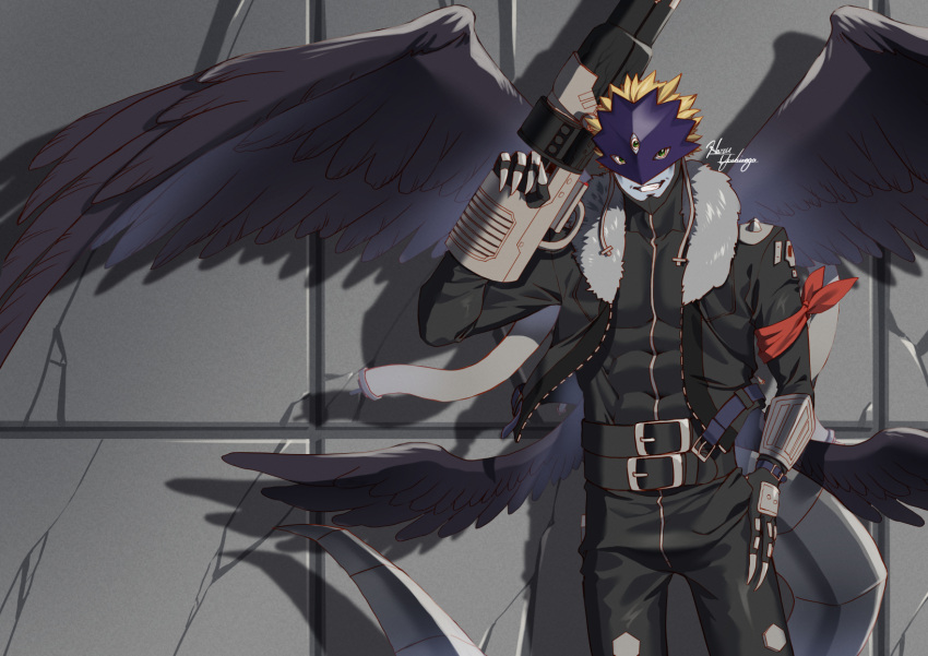 1boy, abs, armband, artist_name, assault_rifle, beelzebumon, belt, black_jacket, black_pants, digimon, digimon_(creature), fur_trim, gauntlets, gun, hand_on_hip, highres, holding, holding_gun, holding_weapon, jacket, male_focus, mask, muscular, muscular_male, no_humans, open_mouth, pants, rifle, smile, standing, tail, teeth, third_eye, weapon, wings, yoshinaga_haru