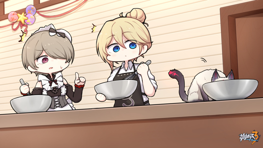 2girls, :o, apron, baking, balloon, bangs, bianka_durandal_ataegina, black_dress