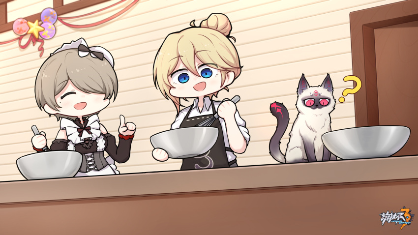 2girls, :d, ?, apron, baking, balloon, bangs, bianka_durandal_ataegina