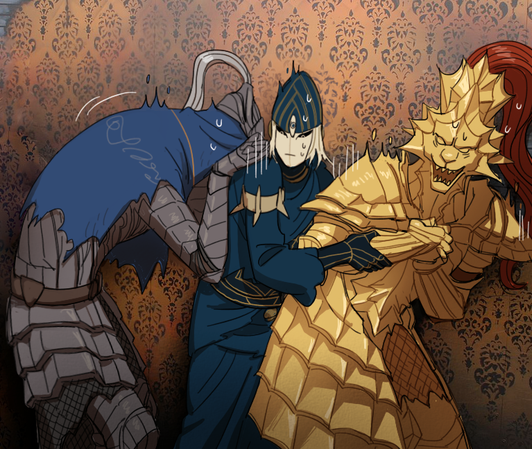 1girl, 2boys, armor, artorias_the_abysswalker, cape, dark_souls_(series), dragon_slayer_ornstein, essor0706, full_armor, gauntlets, hands_on_own_face, helmet, lord's_blade_ciaran, mask, multiple_boys, scared, shoulder_armor, sweat