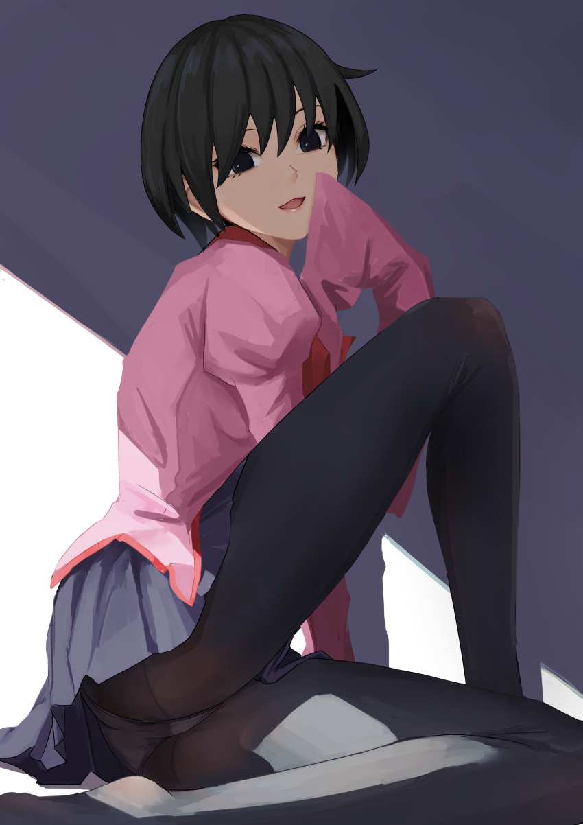 1girl, absurdres, black_eyes, black_hair, black_legwear, black_undershirt, blue_skirt, bob_cut