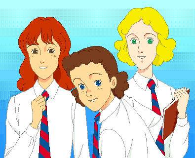 3girls, 90s, cathleen_gregory, hilary_wentworth, janet_robins, japoor, necktie, oekaki