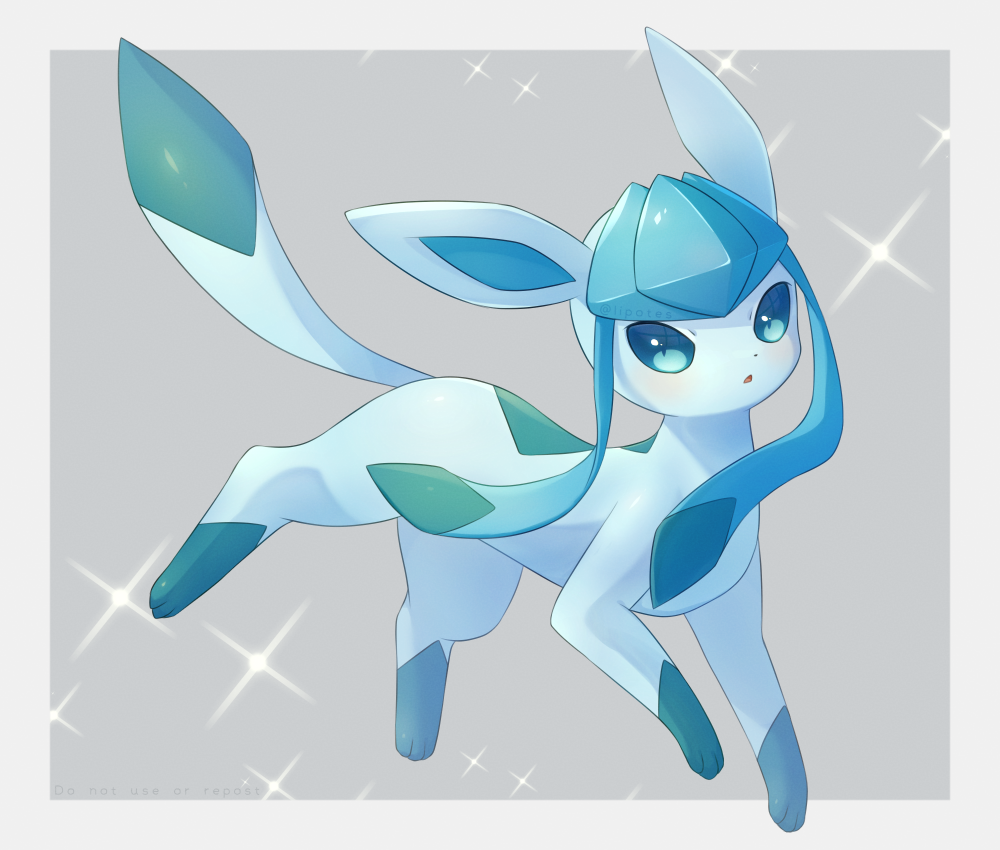 alopias, blue_eyes, border, commentary_request, full_body, glaceon, grey_background, looking_at_viewer, no_humans, pokemon, pokemon_(creature), solo, sparkle, toes, white_border