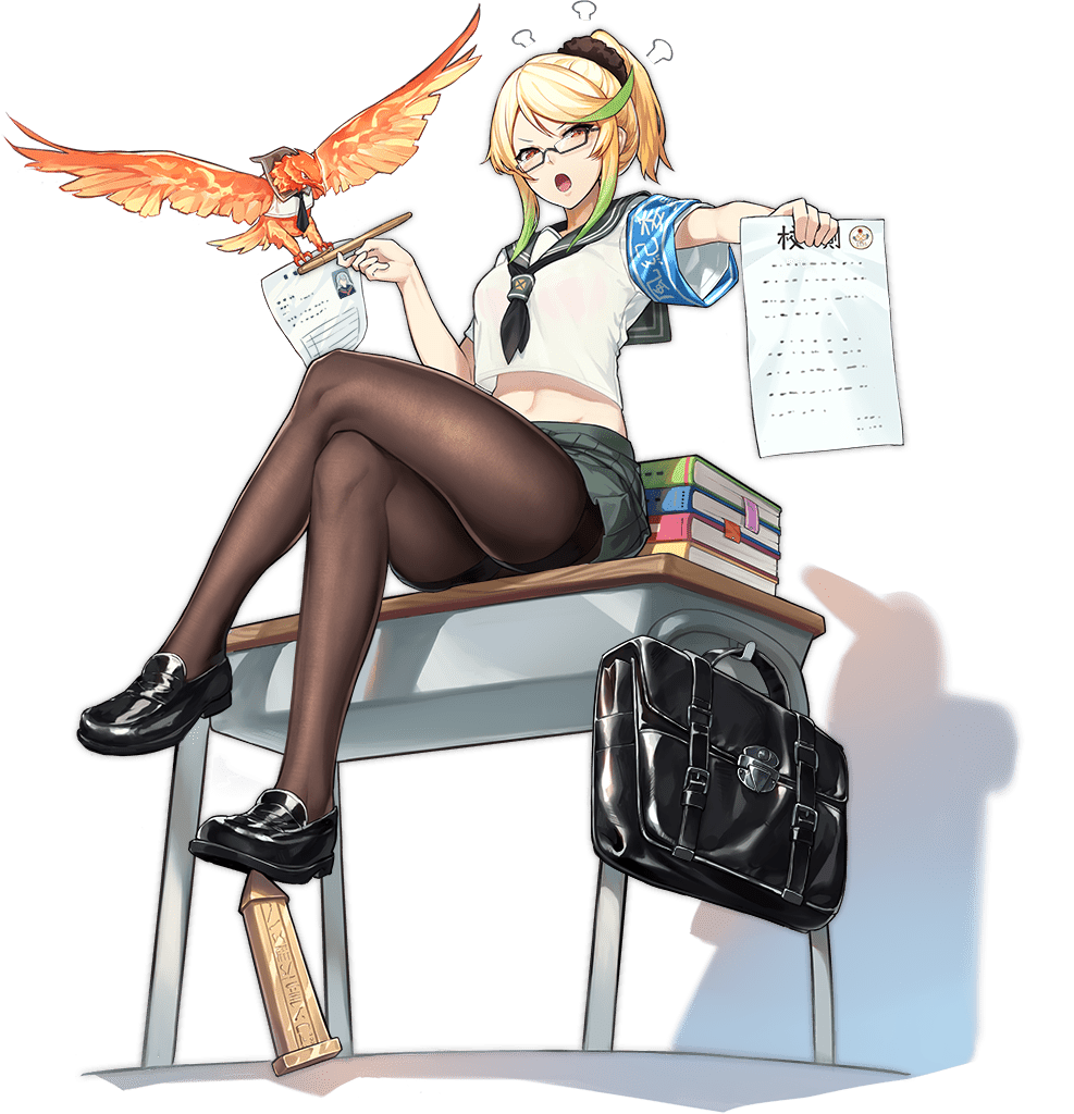 1girl, :o, =3, angry, animal, ark_order, armband, bag, bird, black_bag, black_footwear, black_legwear, black_neckerchief, black_sailor_collar, black_skirt, blonde_hair, clothed_animal, desk, faux_figurine, fire, full_body, glasses, gradient_hair, green_hair, hair_up, high_ponytail, holding, holding_paper, holding_pen, k_suke_(weibo), loafers, looking_at_viewer, medium_hair, multicolored_hair, neckerchief, obelisk, official_art, on_desk, paper, pen, pleated_skirt, ra_(ark_order), sailor_collar, school_bag, school_uniform, serafuku, shirt, shoes, short_sleeves, sitting, skirt, solo, streaked_hair, thigh-highs, transparent_background, v-shaped_eyebrows, white_shirt