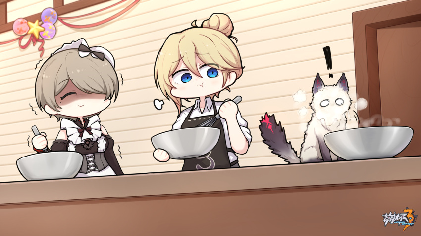 !, 2girls, apron, balloon, bangs, bare_shoulders, bianka_durandal_ataegina, black_dress