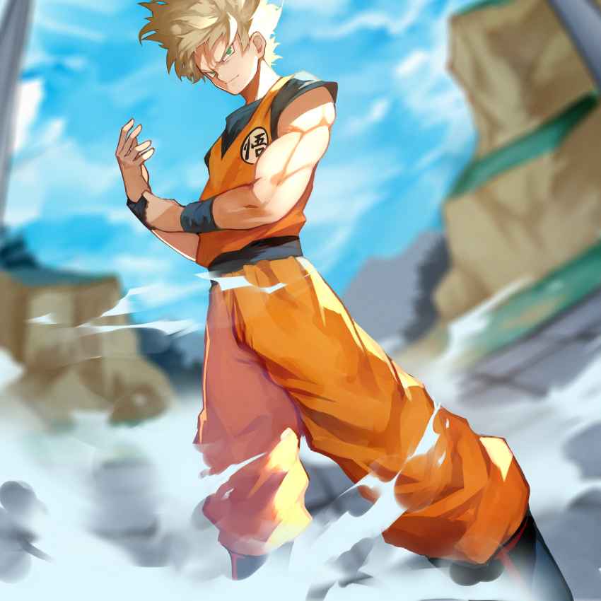 1boy, absurdres, alternate_hairstyle, aqua_eyes, blonde_hair, boots, commentary_request, day