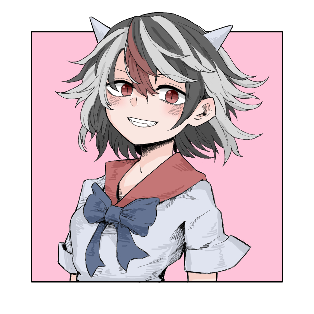 1girl, black_hair, blue_bow, bow, fangs, fe_(tetsu), horns, kijin_seija