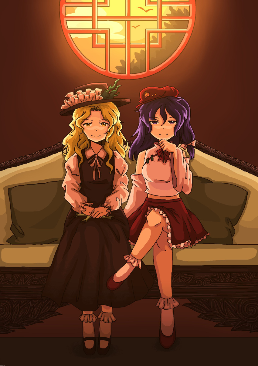 2girls, absurdres, blonde_hair, bobby_socks, bow, bowtie, breasts, brown_dress