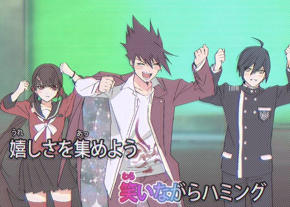 1girl, 2boys, :d, bangs, black_jacket, black_pants, black_sailor_collar, black_skirt