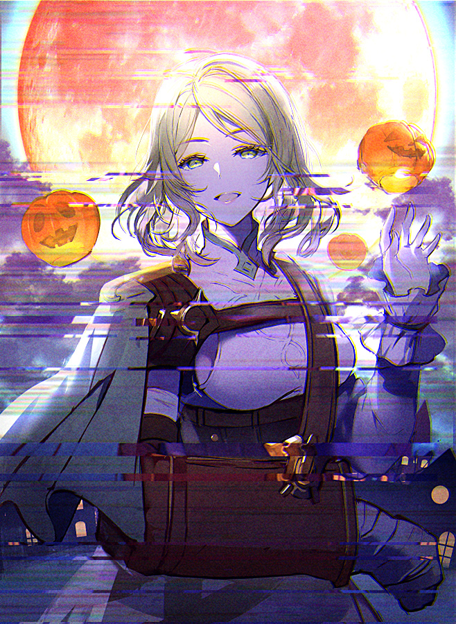 1girl, arm_sling, banned_artist, belt, blonde_hair, breasts, building, capelet