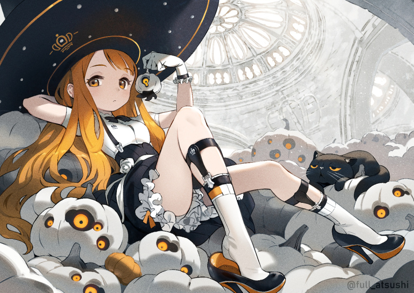 1girl, :<, animal, arm_behind_head, arm_rest, backlighting, bangs, black_bow, black_bowtie, black_cat, black_footwear, black_headwear, black_skirt, blanco026, blunt_bangs, bow, bowtie, cat, crown_print, expressionless, eyebrows_visible_through_hair, film_grain, flower, food, frilled_gloves, frills, from_side, full_body, garters, gloves, glowing, halloween, hand_up, hat, high-waist_skirt, high_heels, holding, holding_food, holding_jack-o'-lantern, holding_pumpkin, holding_vegetable, indoors, jack-o'-lantern, knee_up, light_brown_eyes, light_brown_hair, long_hair, looking_at_viewer, looking_to_the_side, lying, on_back, original, outstretched_leg, parted_bangs, petticoat, pumpkin, pumps, ribbon, rose, sash, shirt, shoe_dangle, shoes, skirt, socks, solo, suspenders, twitter_username, two-tone_footwear, vegetable, very_long_hair, white_flower, white_gloves, white_legwear, white_ribbon, white_rose, white_sash, white_shirt, witch, witch_hat